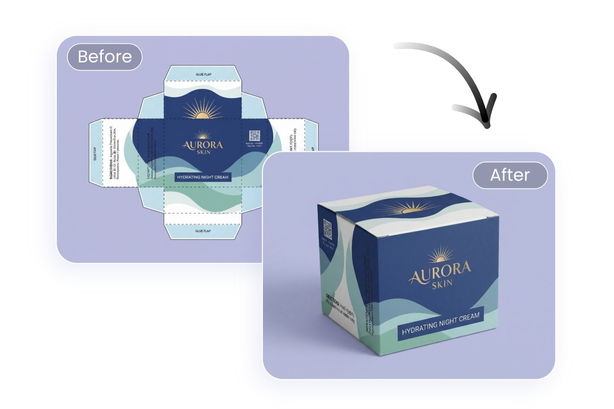 Fotor AI packaging design generator featuring converting a dieline into a 3 D product