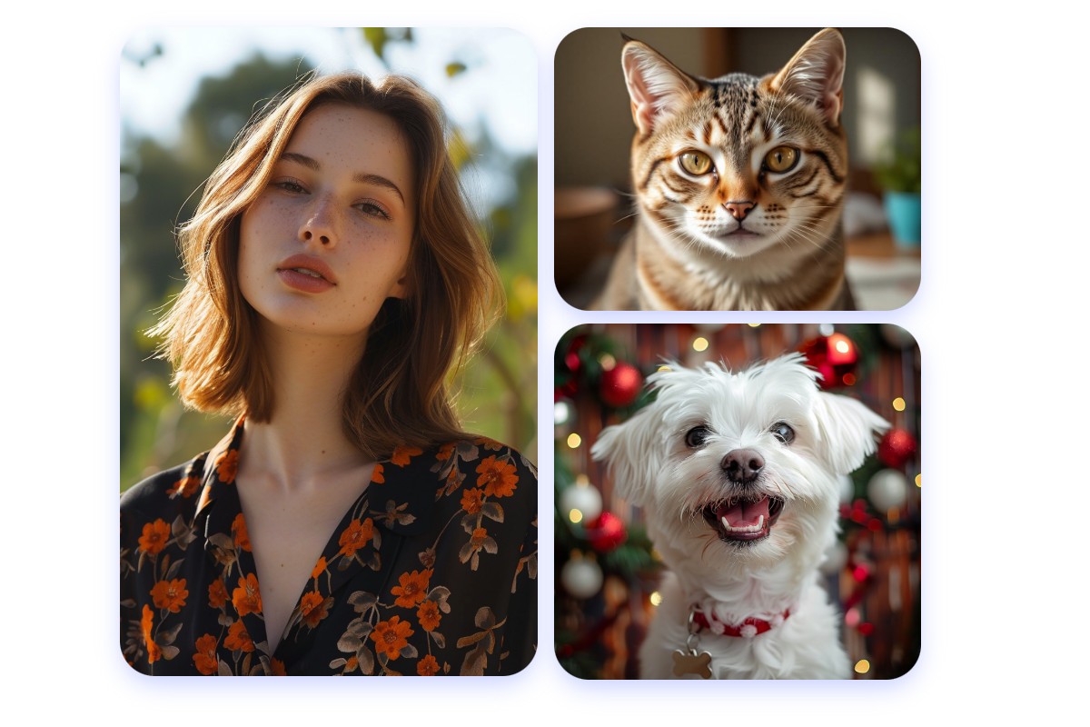 Exemples du générateur de personnage réaliste IA de Fotor, incluant des femmes et des animaux