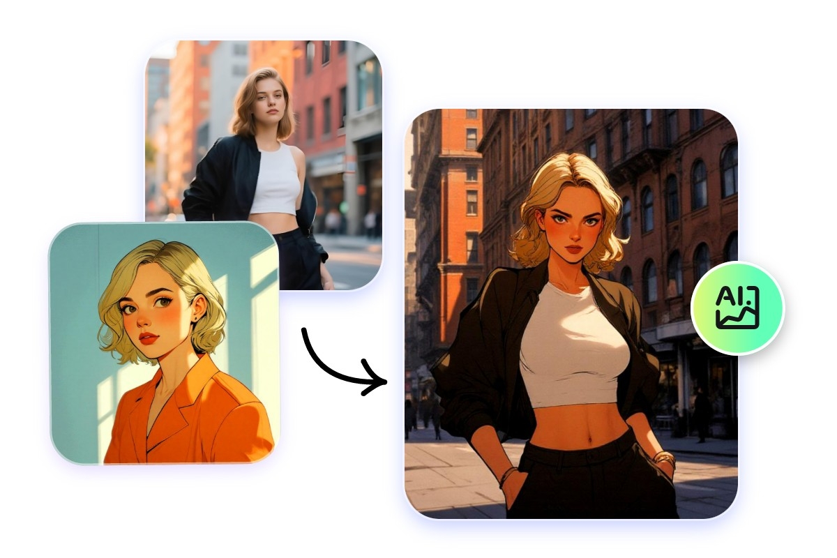 Fotor advanced AI photo combiner online featuring content fusion and manga style transfer