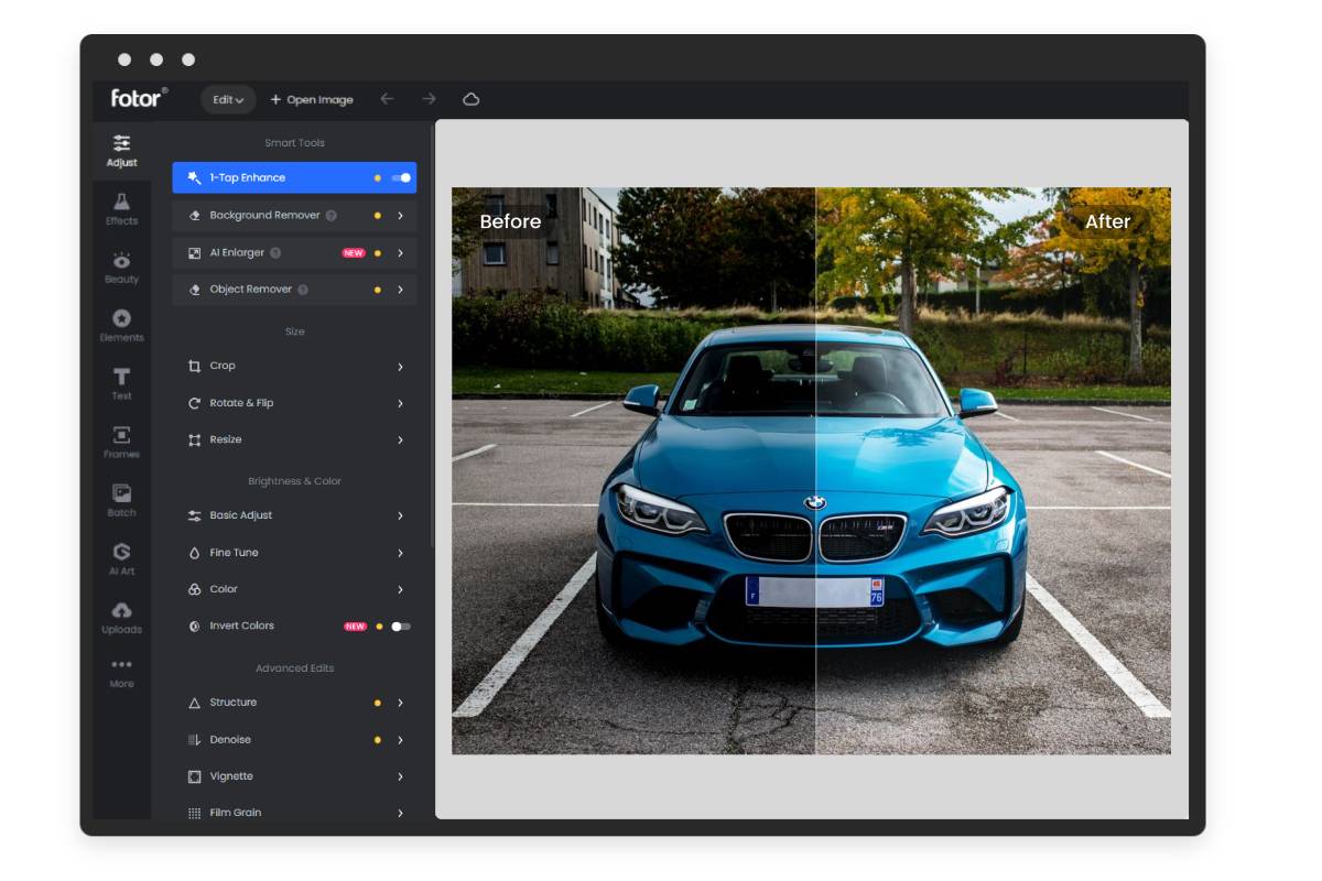 Fotor car photo editor interface