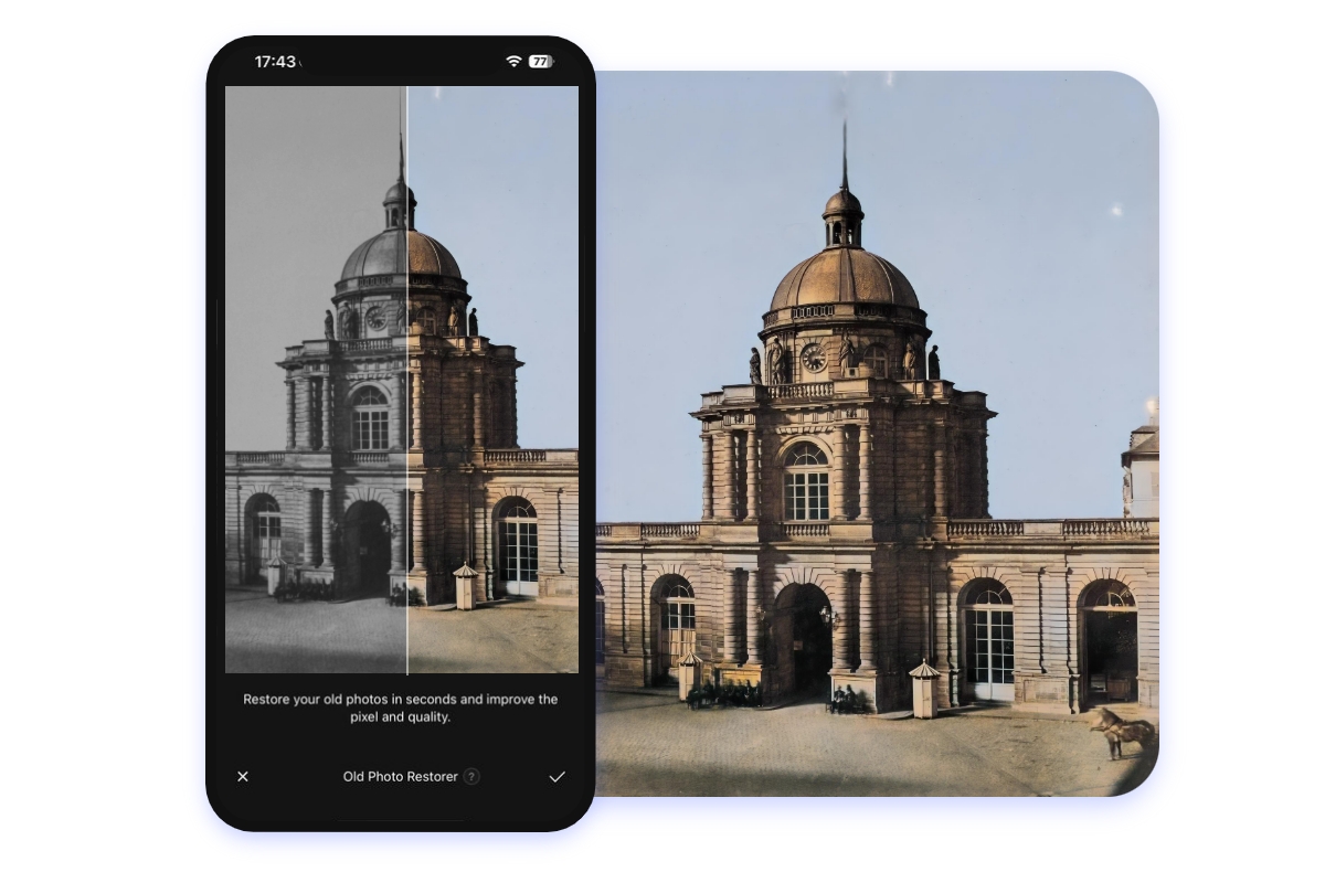 Fotorestaurations-App-Effekt mit einer alten Kirche