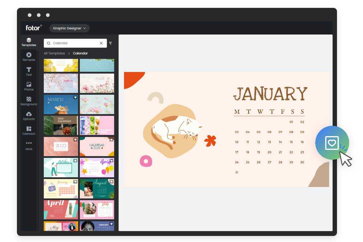 Interface du créateur de calendrier en ligne gratuit de Fotor