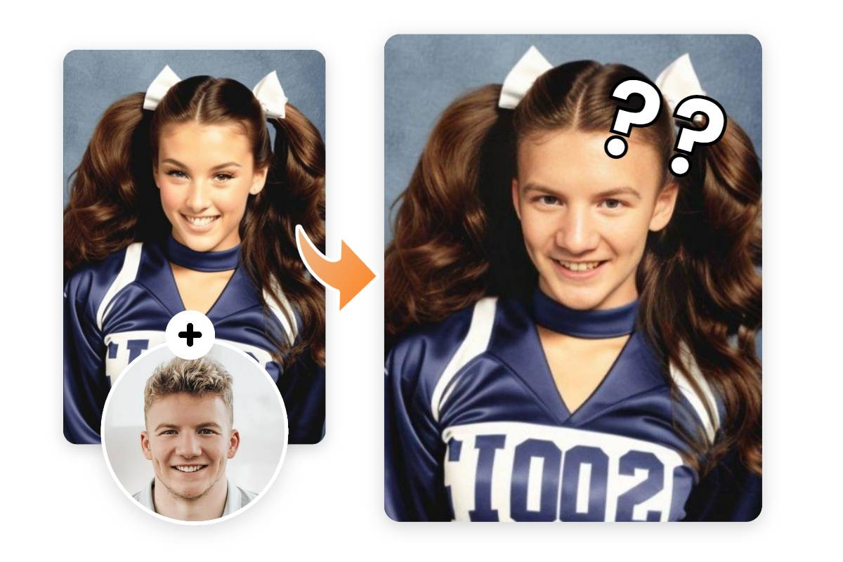 Das Maedchen schuf eine humorvolle Atmosphaere indem es die Gesichter in den Fotos tauschte