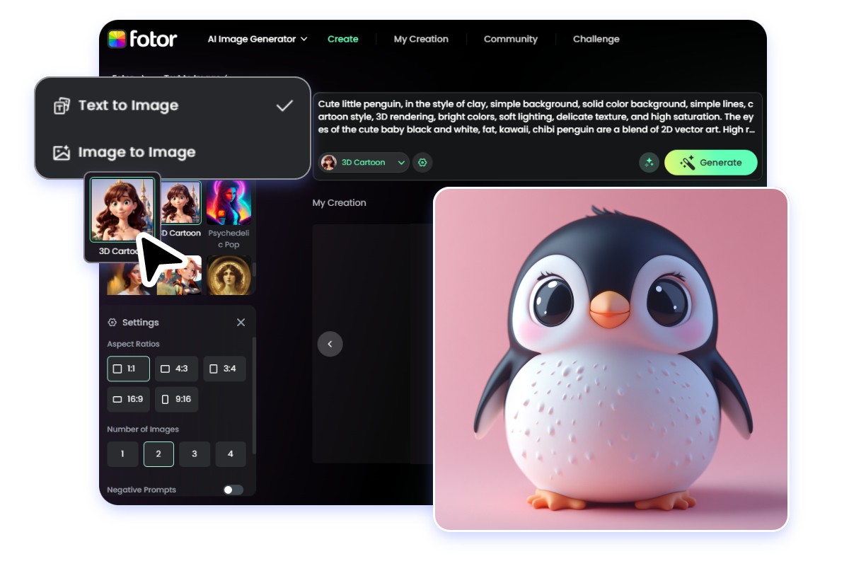 Generate a 3d cartoon penguin mascot image from text with fotor ai mascot maker