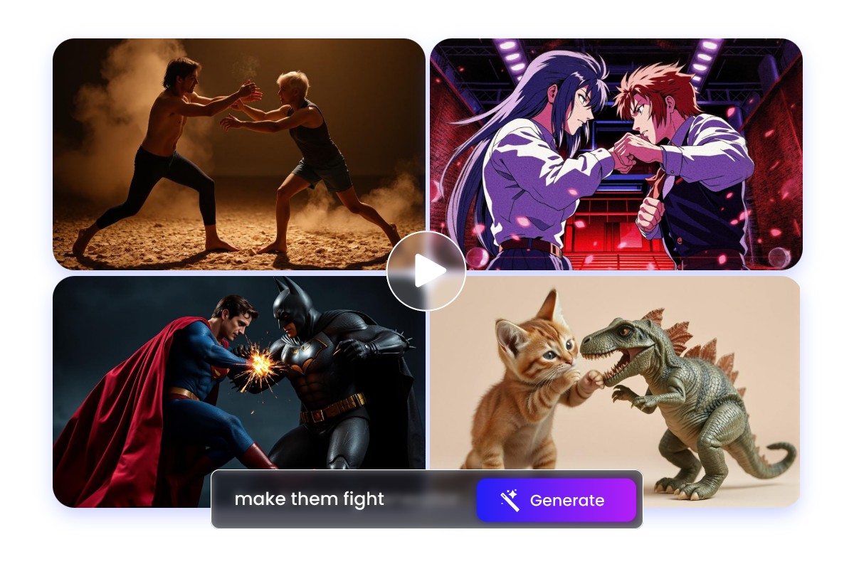 Generate four fight scenes: two people fighting using Chinese kung fu, two anime characters dueling with their fists, Superman and Batman fighting with sparks, and kittens and dinosaur toy fighting playfully
