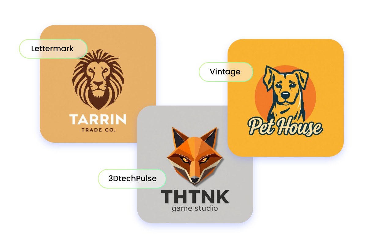 Generate logo mascots of three different styles lettermark lion logo 3d fox logo and vintage dog logo