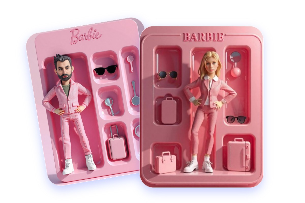 Generate pink barbie doll box image of men and women in dfferent clothing styles