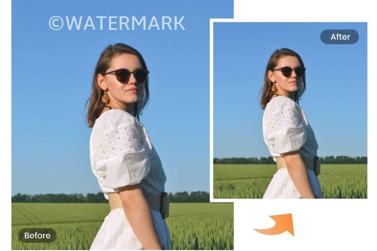 Hasil sebelum dan sesudah dari penghapusan watermark foto seorang wanita