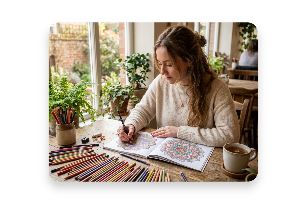 Jeune femme se relaxant en coloriant un dessin à colorier complexe de type mandala