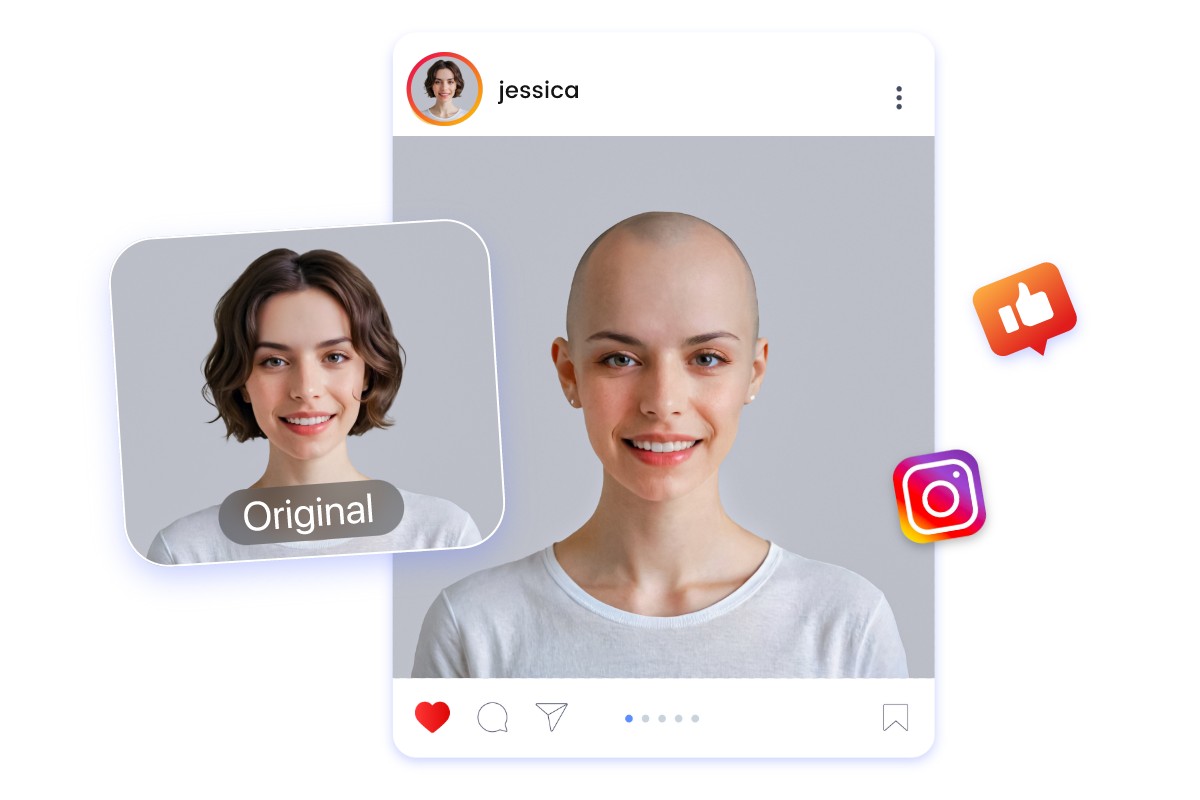 Make a beautiful short hair girl bald and share the image on social media