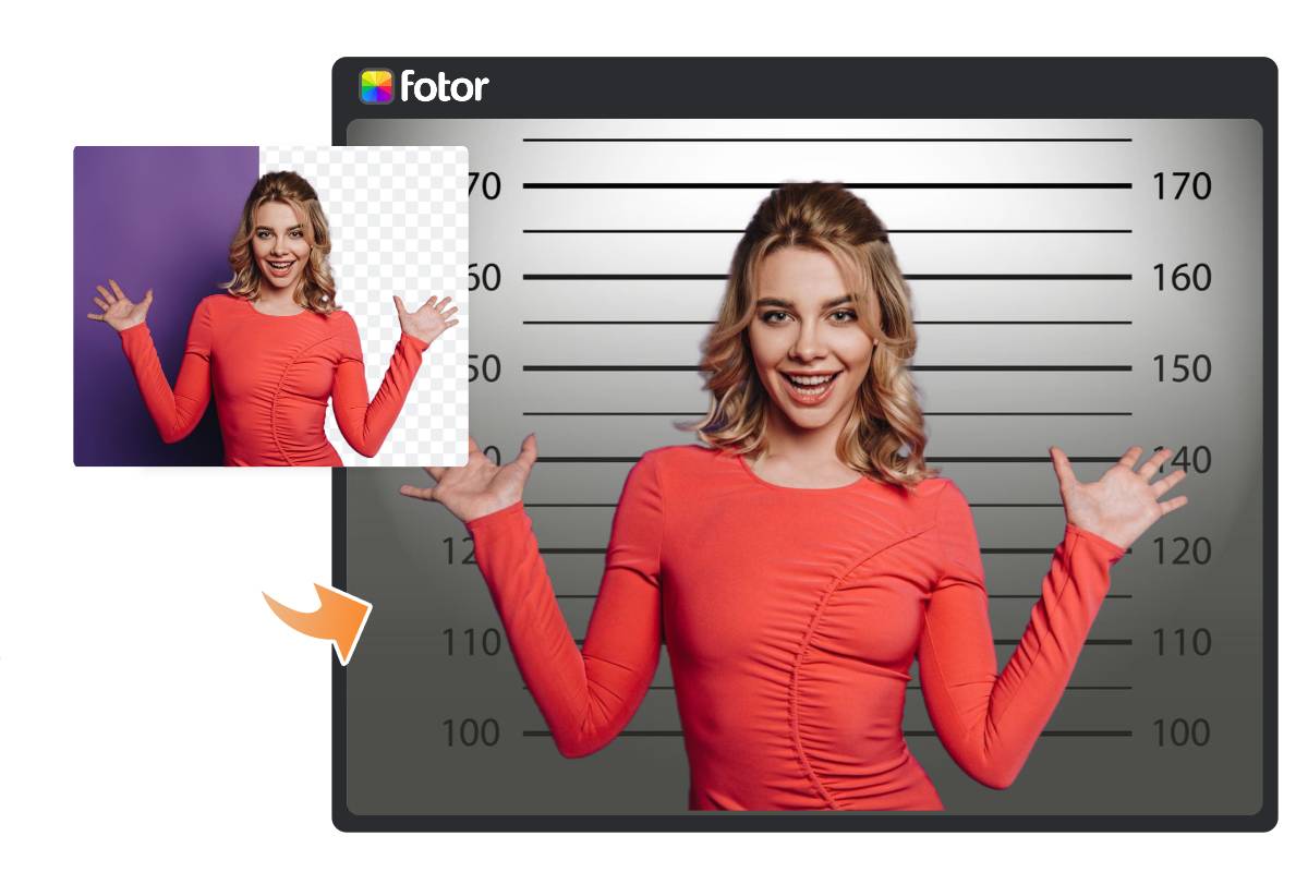 Make a mugshot of a woman in red shirt on fotor