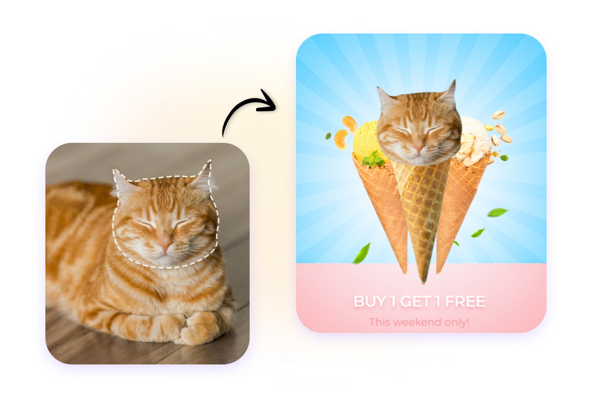Haz recortes de cara de gato y úsalos para crear una imagen de helado con gato