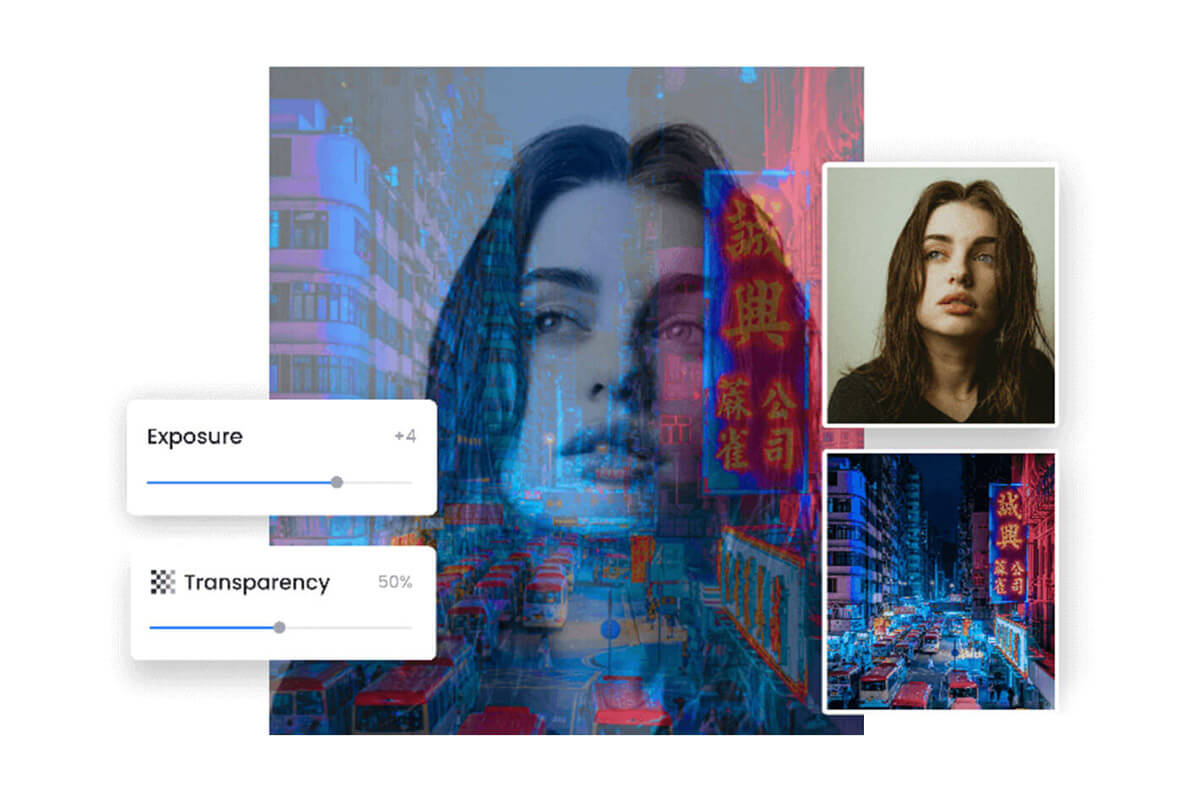 Overlay images and adjust transparency to create double exposure effects using Fotor