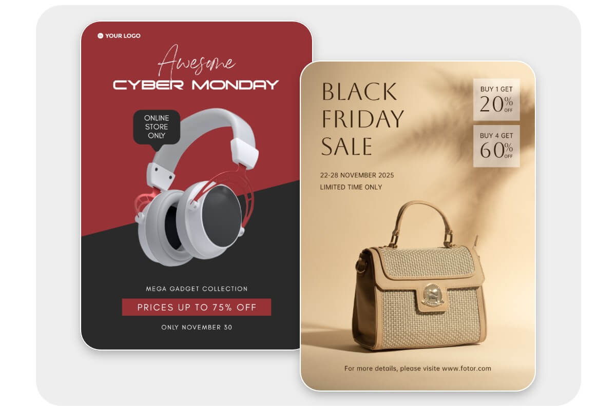 Affiches de produits concernant un casque audio et un sac à main