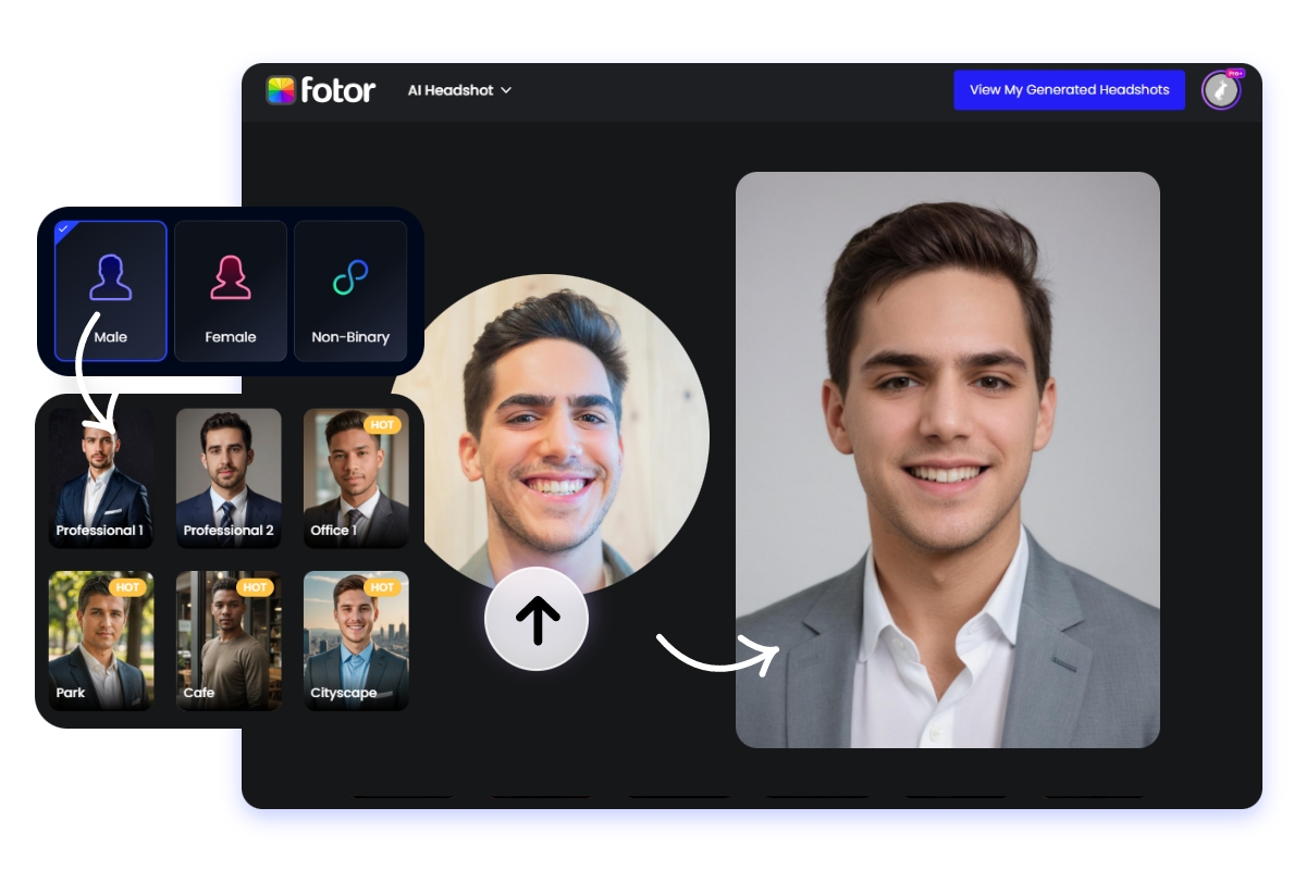 Professional male avatar generation steps using Fotors AI headshot generator