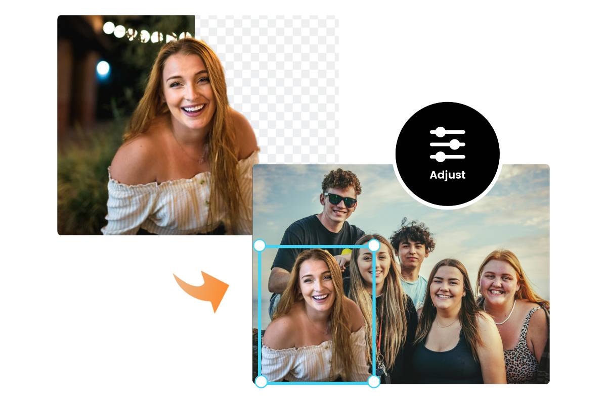 Fotorで写真の背景を削除し、画像レイヤーを調整することにより、シームレスにオンラインで写真の上に写真を重ねる