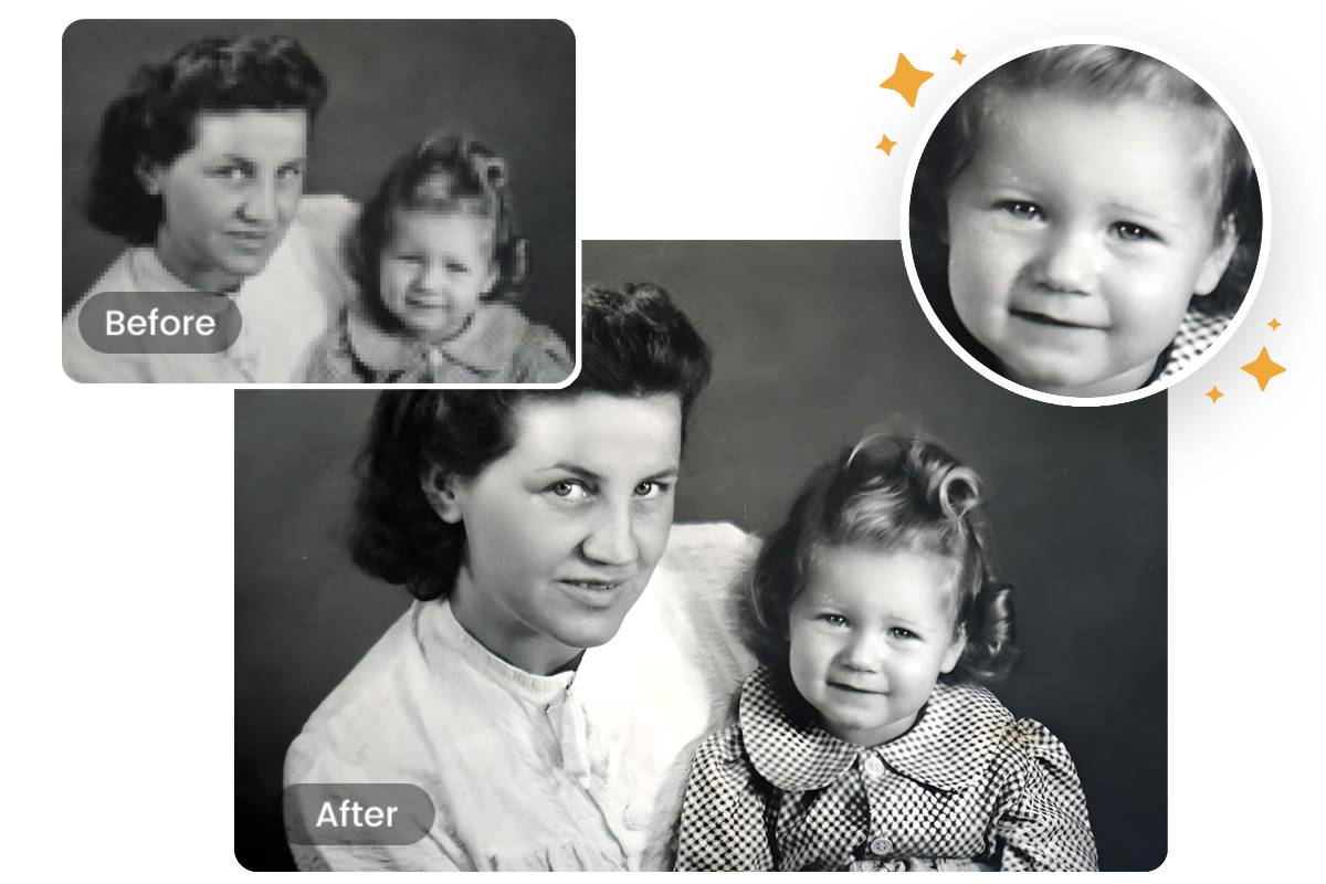 Herstel oude foto’s met automatische gezichtsverbetering en het verwijderen van wazigheid.