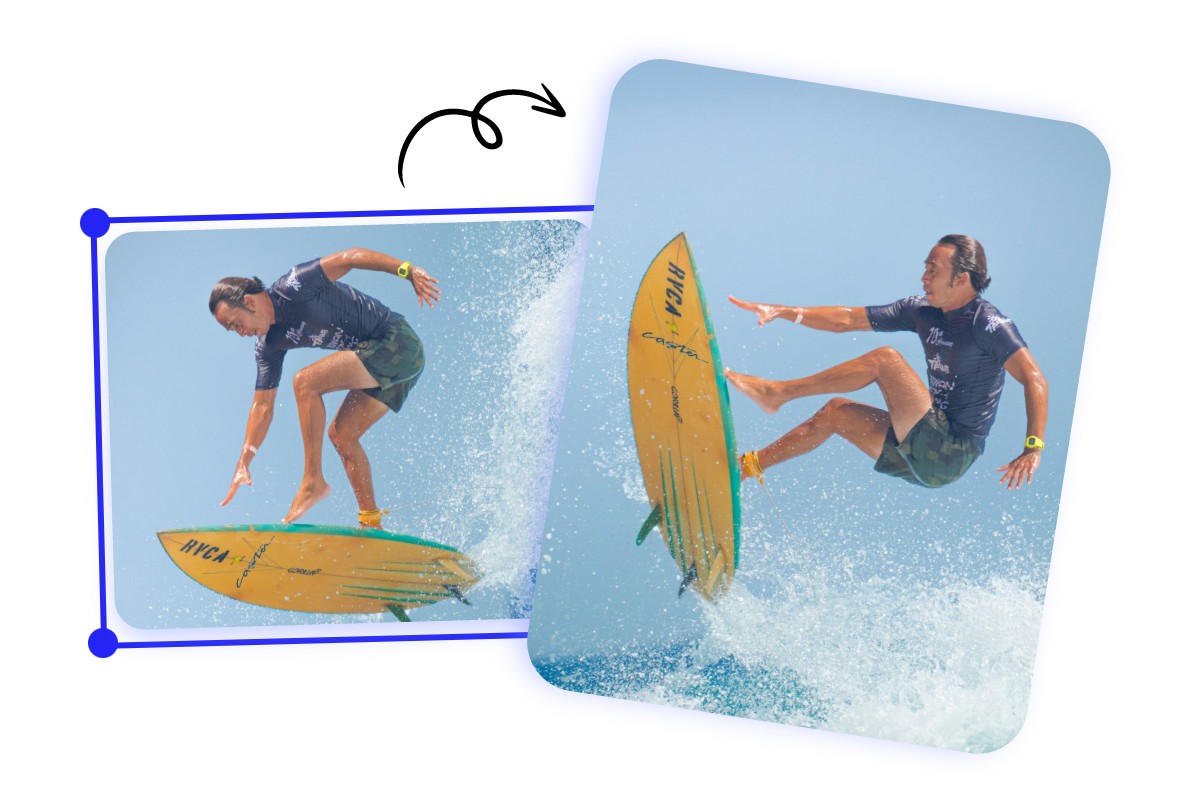 Rotate a A picture of a man surfing with a yellow surfboard