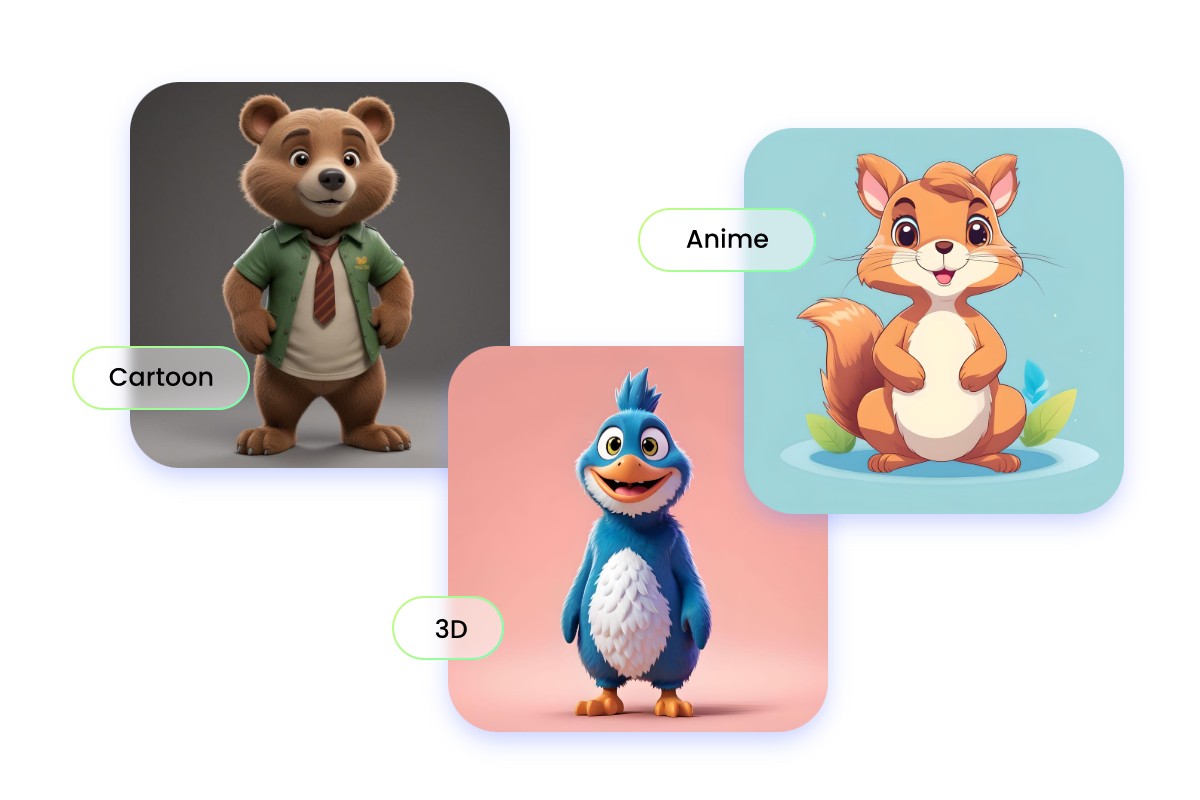 Show three mascot characters in three styles 3d cartoon bear anime squirrel and blue 3d bird