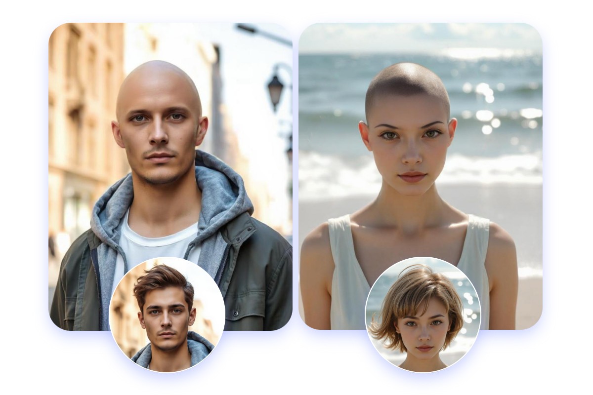 Showcase the effect of fotors bald filter used on the man and woman