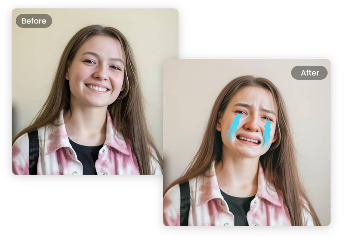 Das laechelnde Gesicht der Frau im Foto wandelt in ein lustiges weinendes Gesicht um