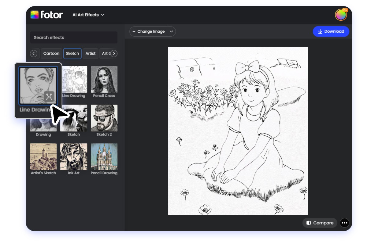 The interface for turning a picture of a little girl in a bow sitting in a flower bush into a coloring picture in fotors photo to coloring page tool