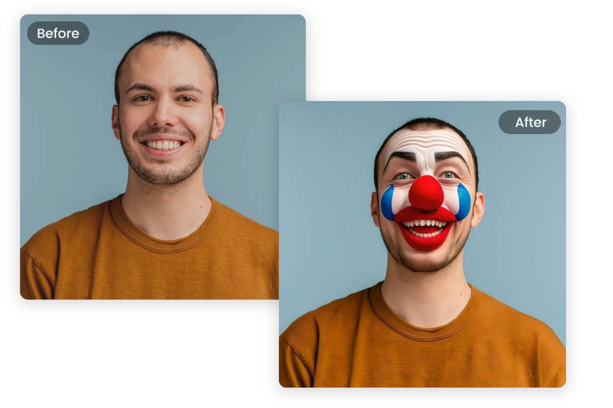 Das Foto des jungen Mannes wandelt in ein lustiges Clown-Gesicht um