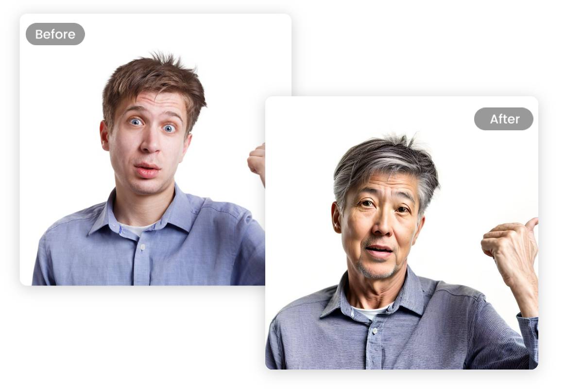 Das Gesicht des jungen Mannes im Foto wandelt in das komische Gesicht eines alten Mannes um