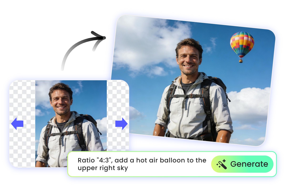 Use AI image extender from prompt to add a hot air balloon to the sky while extending the man portrait