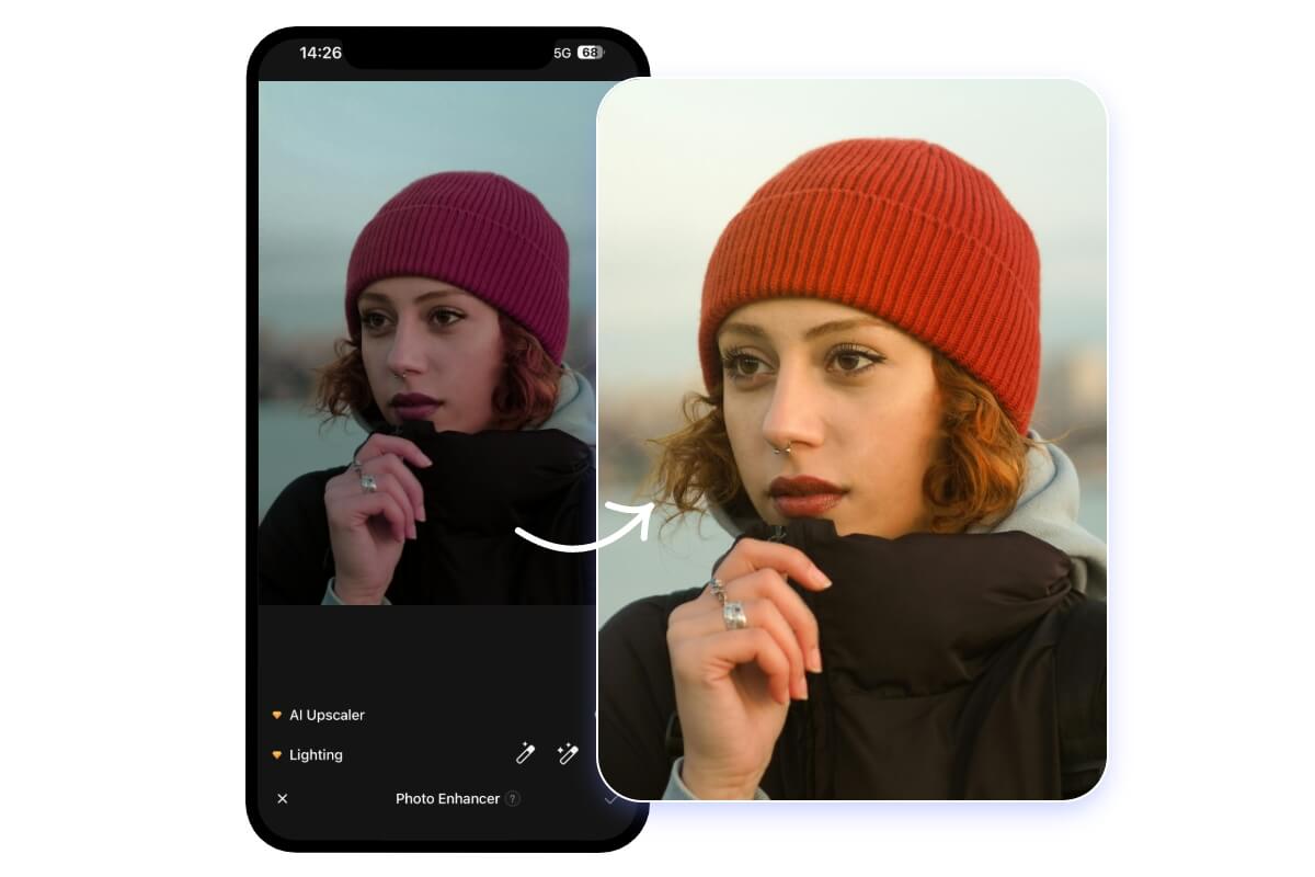 Use Fotor AI photo enhancer app to increase image quality, clarity and resolution on mobile