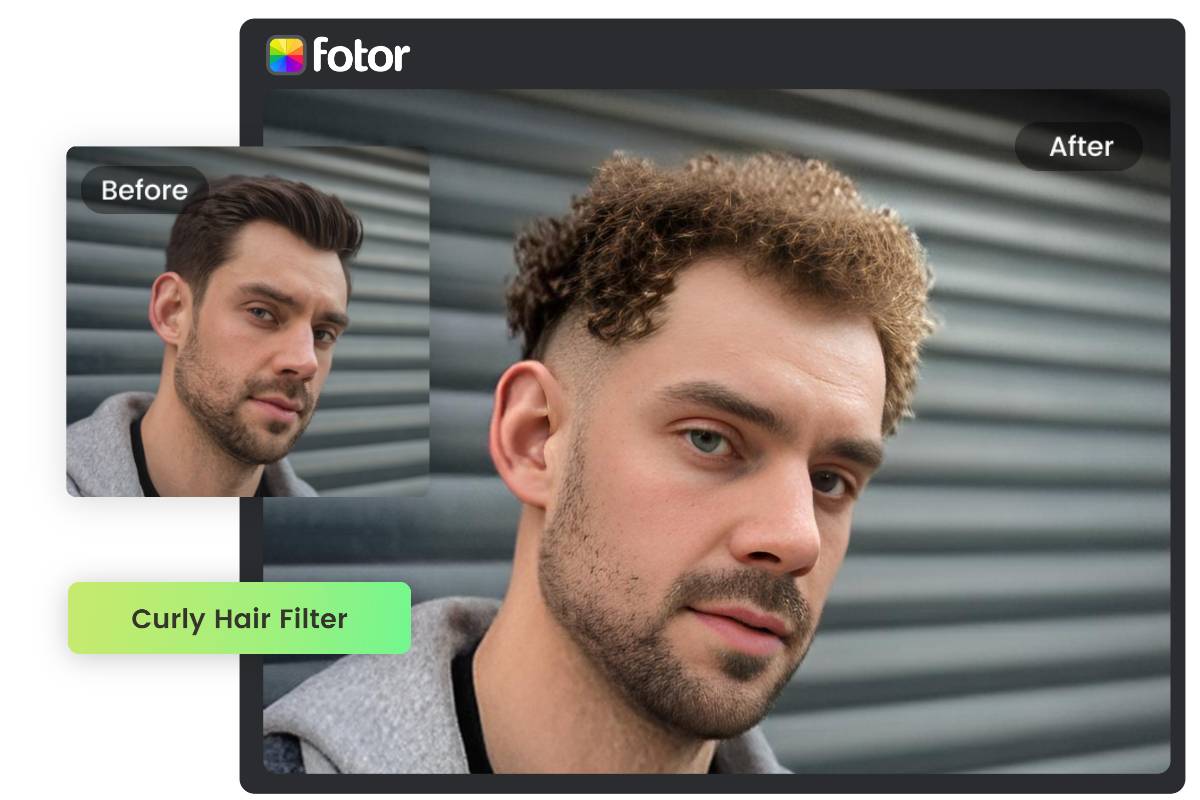 Use Fotor curly filter to change a mans hairstyle into curls