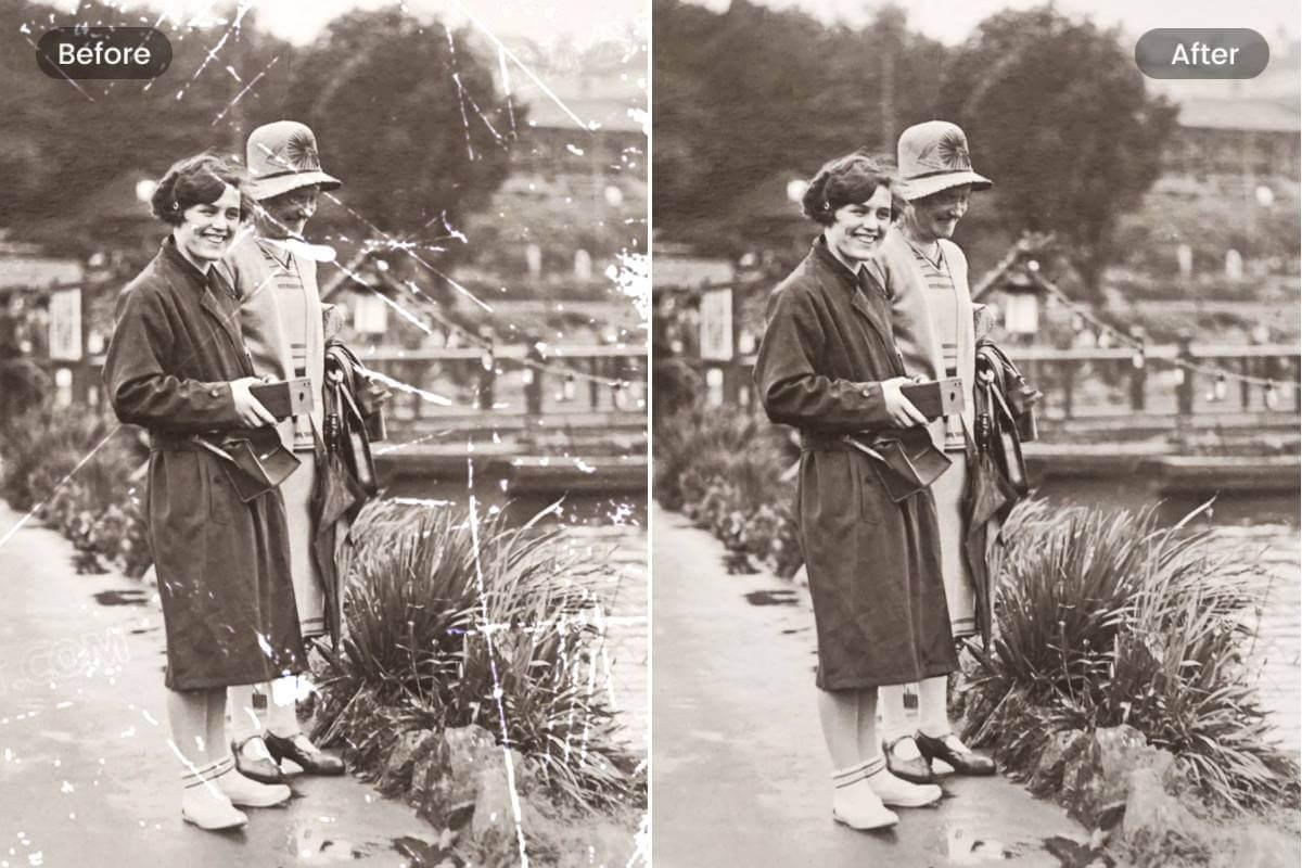 Usate il dispositivo di rimozione degli oggetti di Fotor per rimuovere i graffi da una vecchia foto