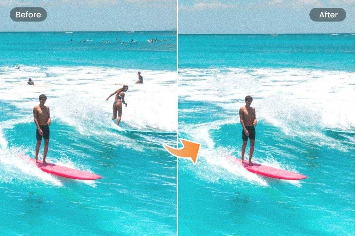 Use a ferramenta de remoção de objetos de IA online gratuita da Fotor para remover automaticamente pessoas indesejadas de uma foto de surf