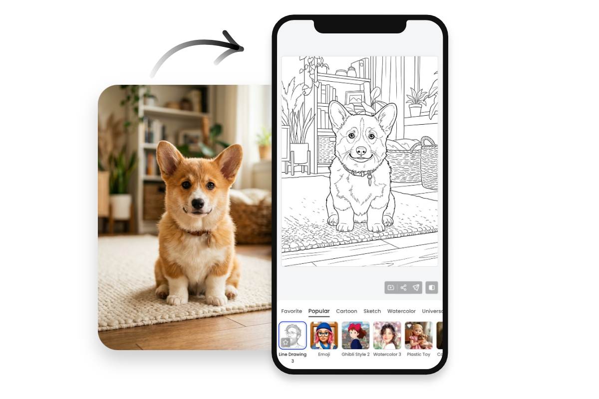 Utilisation mobile pour transformer image en coloriage dun chien Corgi via une application