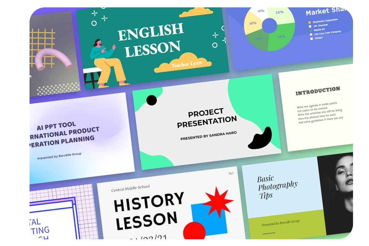 Various customizable presentation templates on Fotor free AI presentation maker