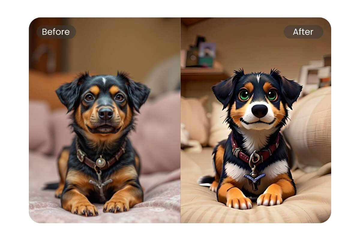 A cute dog become an animal in Disney world using Disney filter