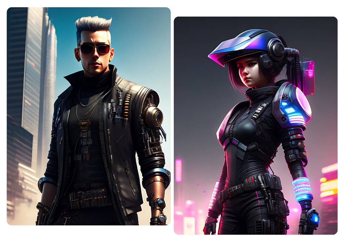 Un personaje masculino y uno femenino de estilo cyberpunk generados en el creador de personajes de cyberpunk de Fotor