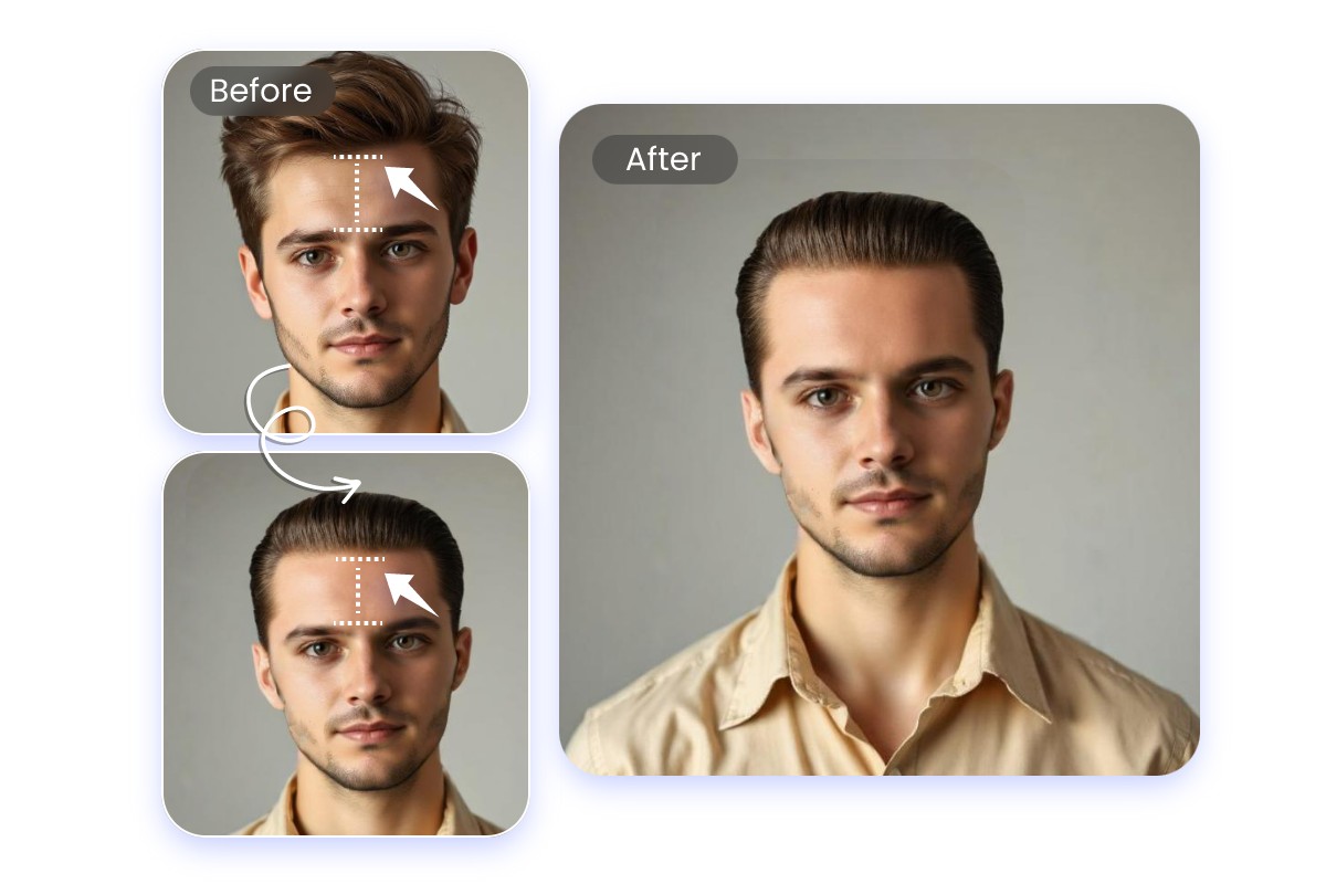 Un homme change de coiffure et ajuste sa ligne frontale en un clic avec l’éditeur de coiffure intégré de Fotor