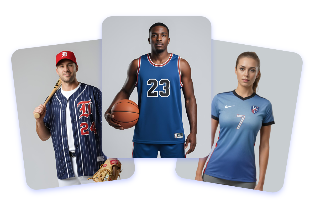 A man wearing baseball jersey and a black man wearing basketball jersey and a woman wearing football jersey