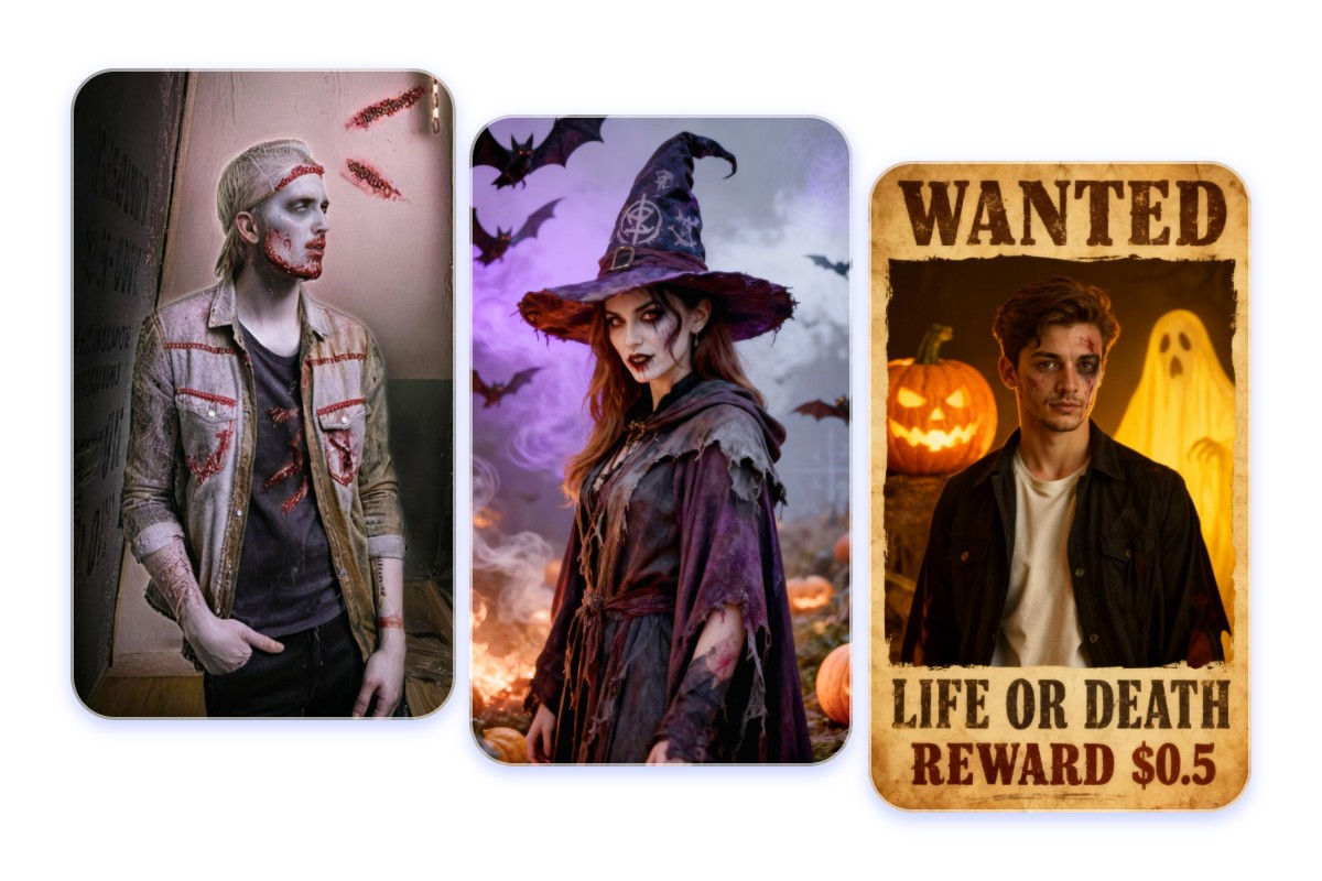 A picture that shows three different halloween filters of fotor