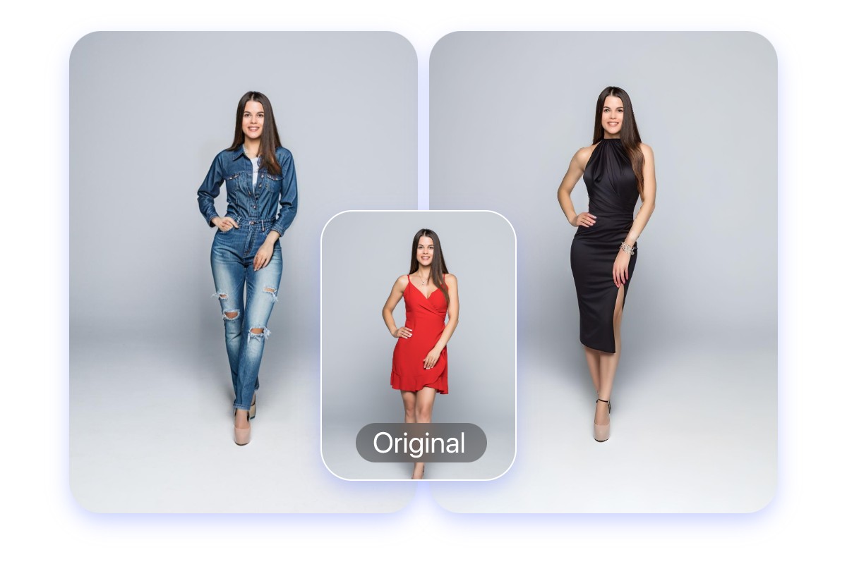 A woman tries out three different outfits with ai clothing changer