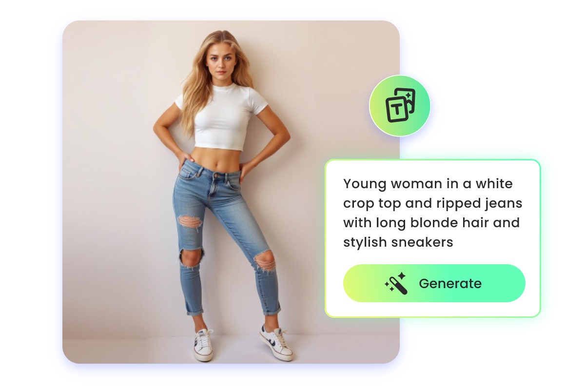 A young woman wearing a white crop top and jeans with sneakers