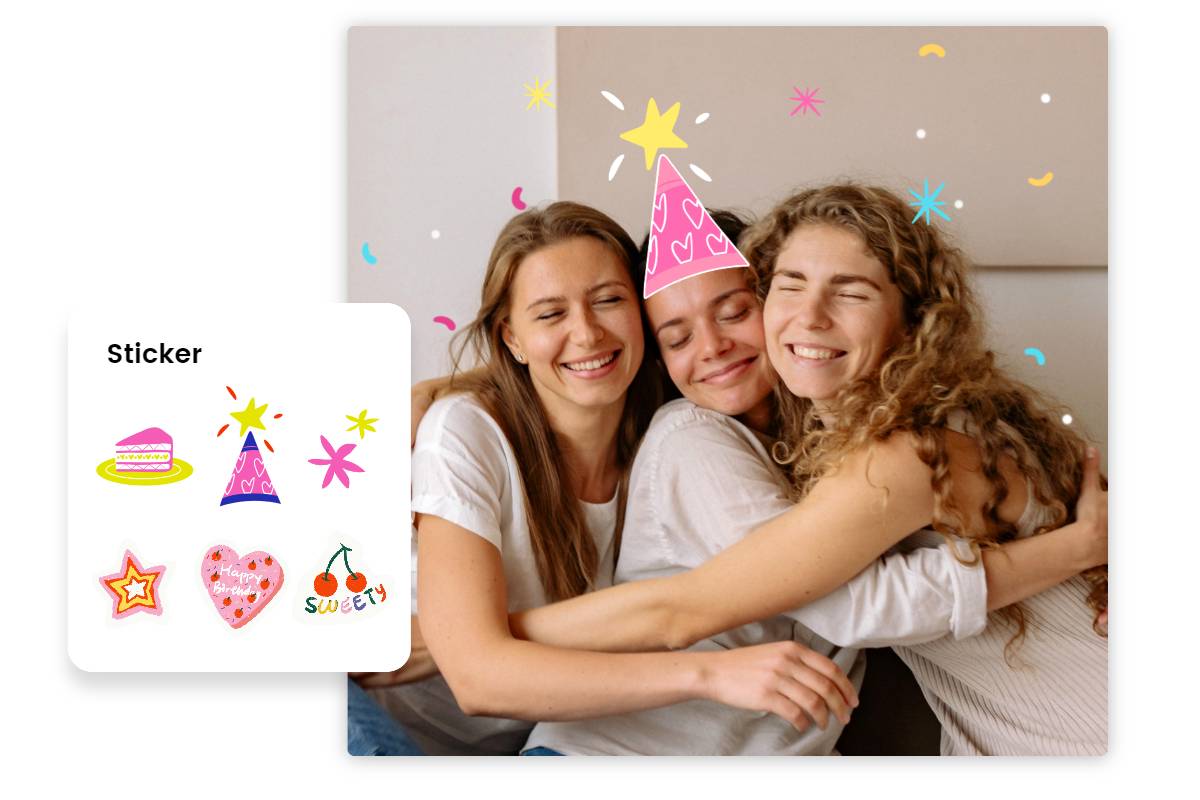 Add a birthday hat to the girl in the middle to annotate the image