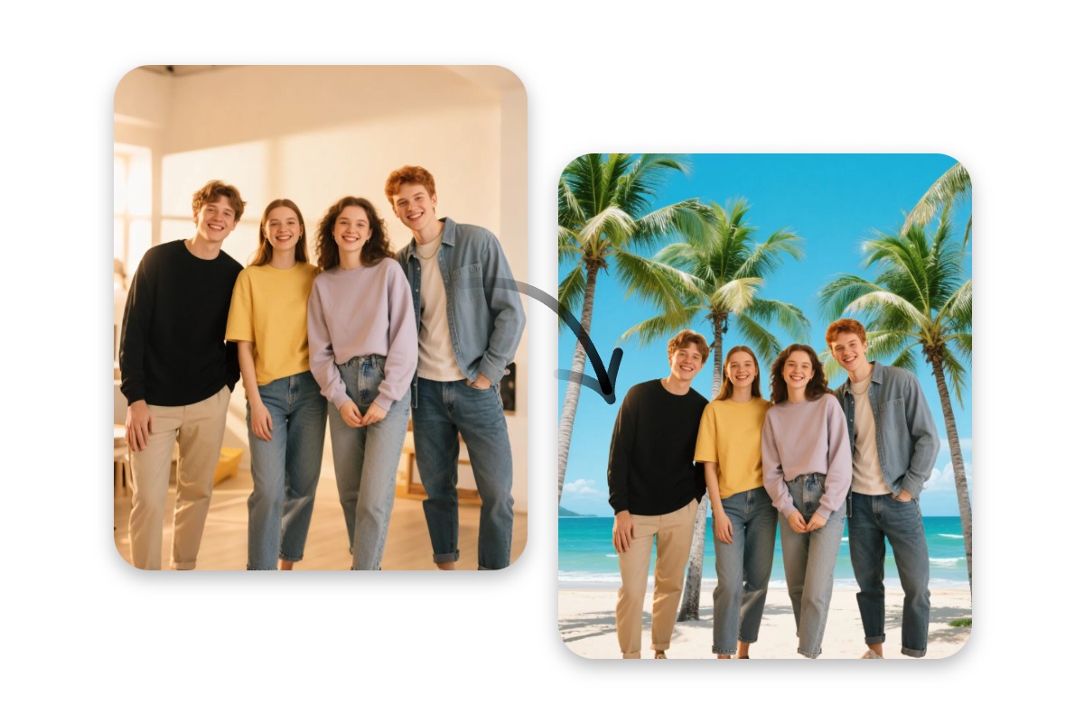 Add a group of four people into a picture of beach using fotor