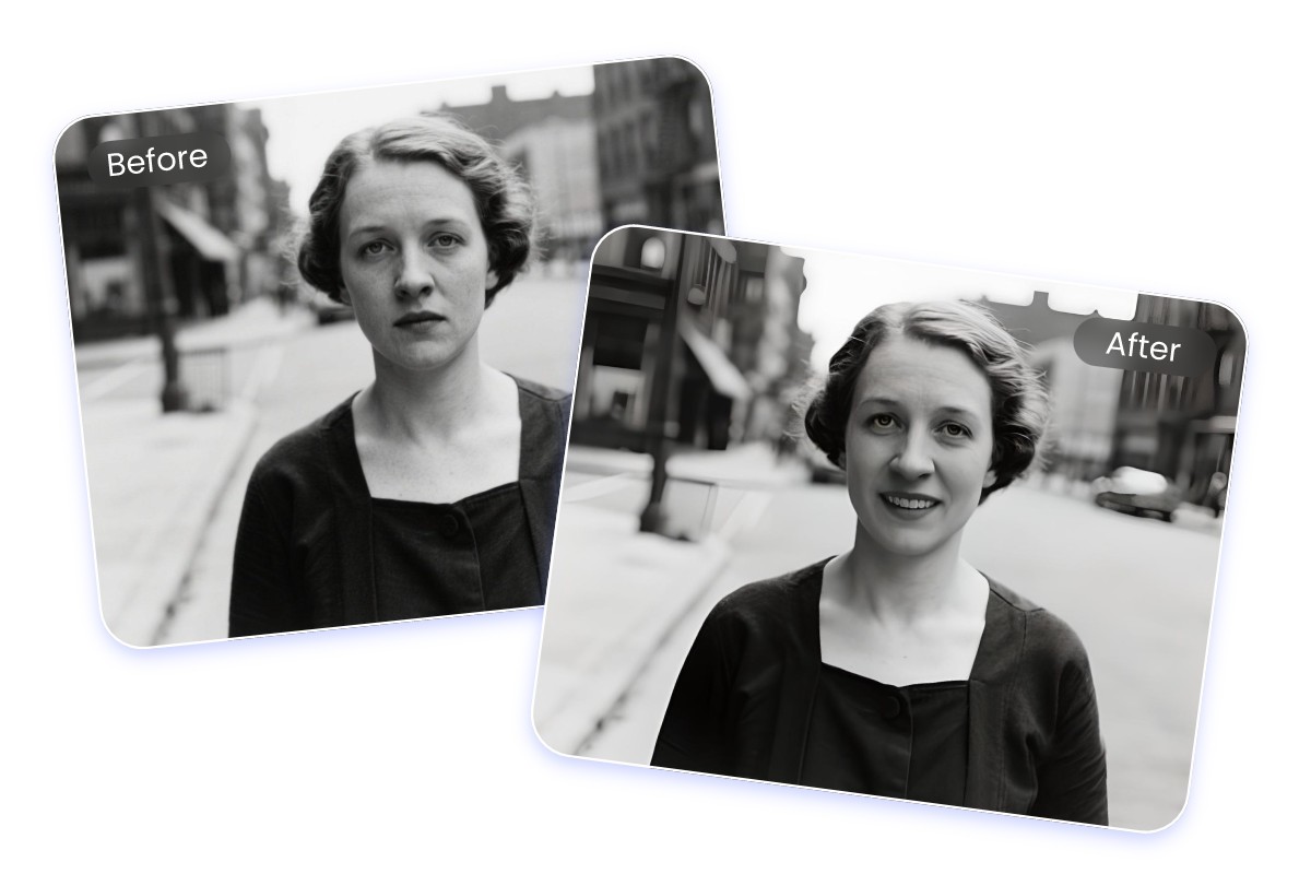 Add a smile to an old photo of a short haired woman