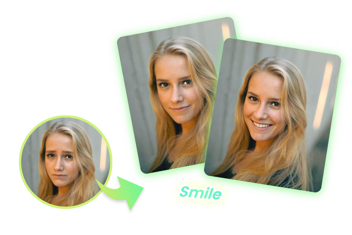 Adicione diferentes efeitos de sorriso a um retrato feminino com o filtro de sorriso AI da Fotors