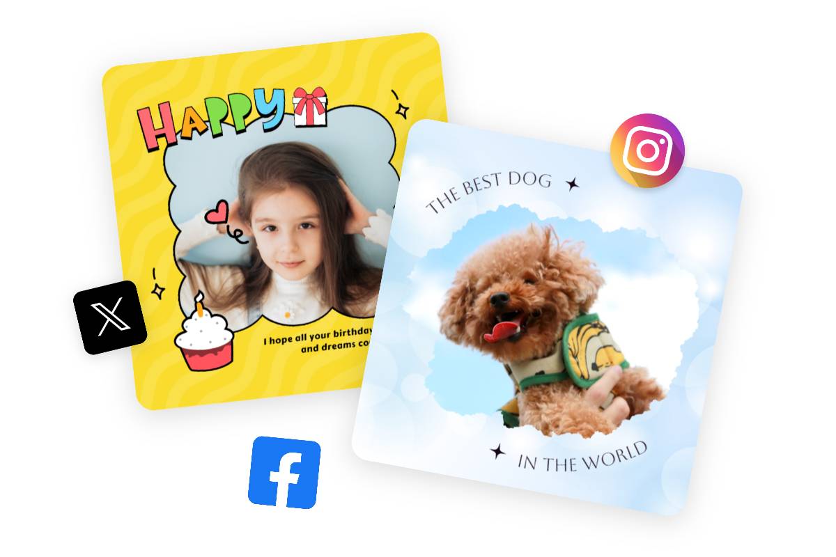 Add frames to two photos and quickly share them on instagram and facebook