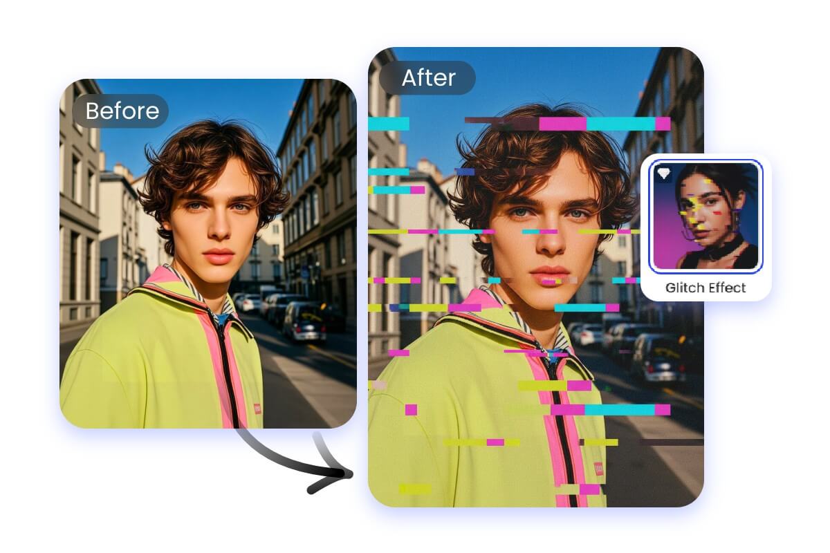 Add glitch effect to a photo of a handsome man in one click