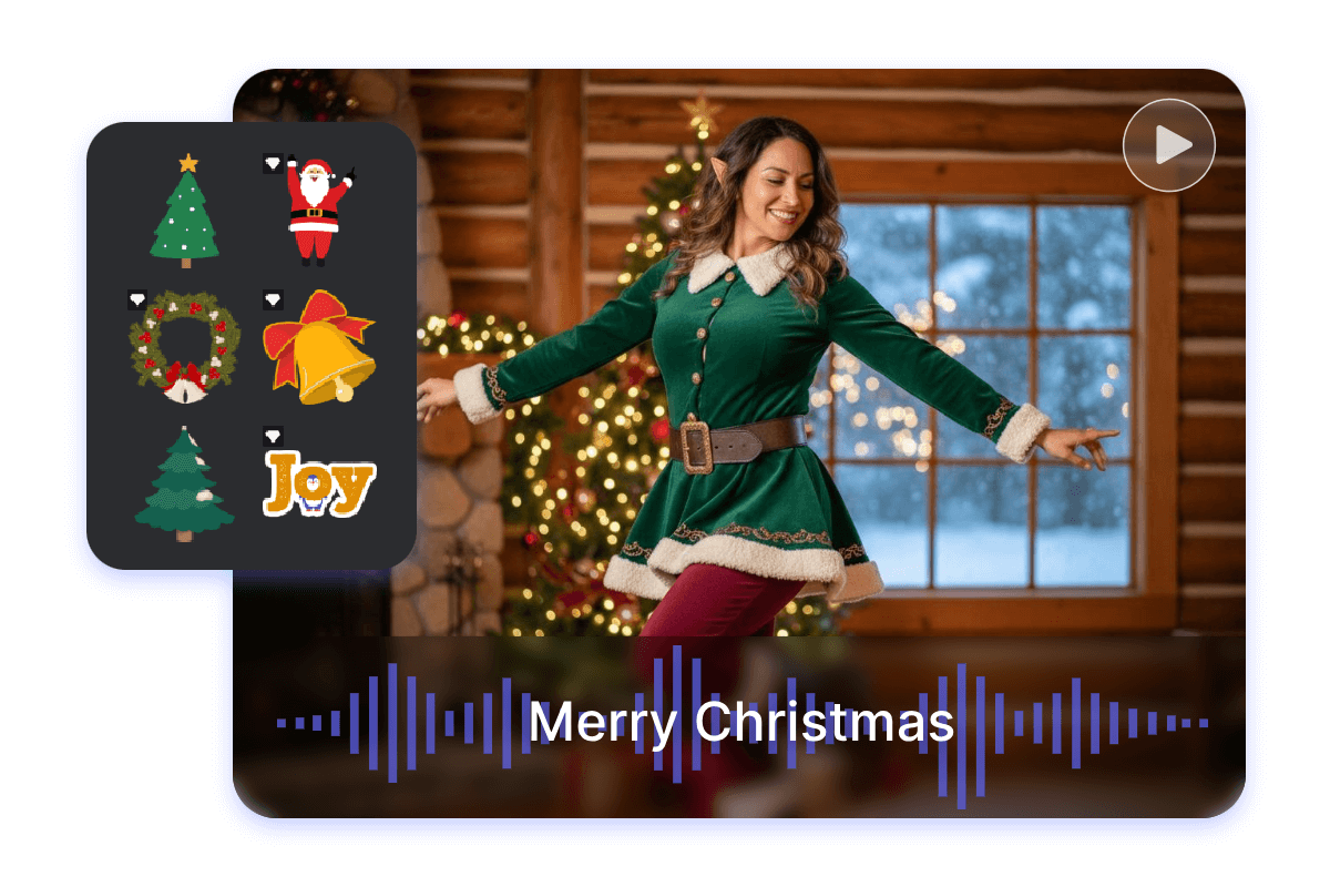 Add music and christmas stickers to the elf dancing video of the female