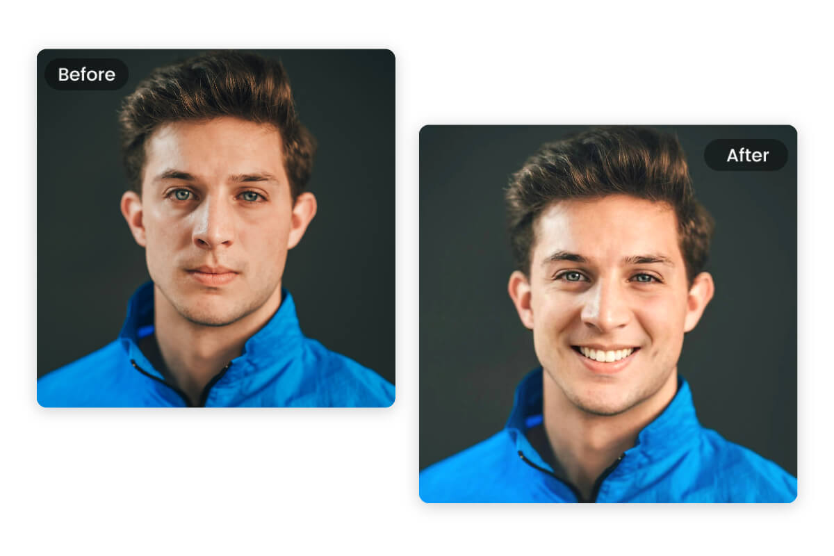 Adicionar um sorriso a um retrato de homem com o filtro de sorriso AI da Fotors